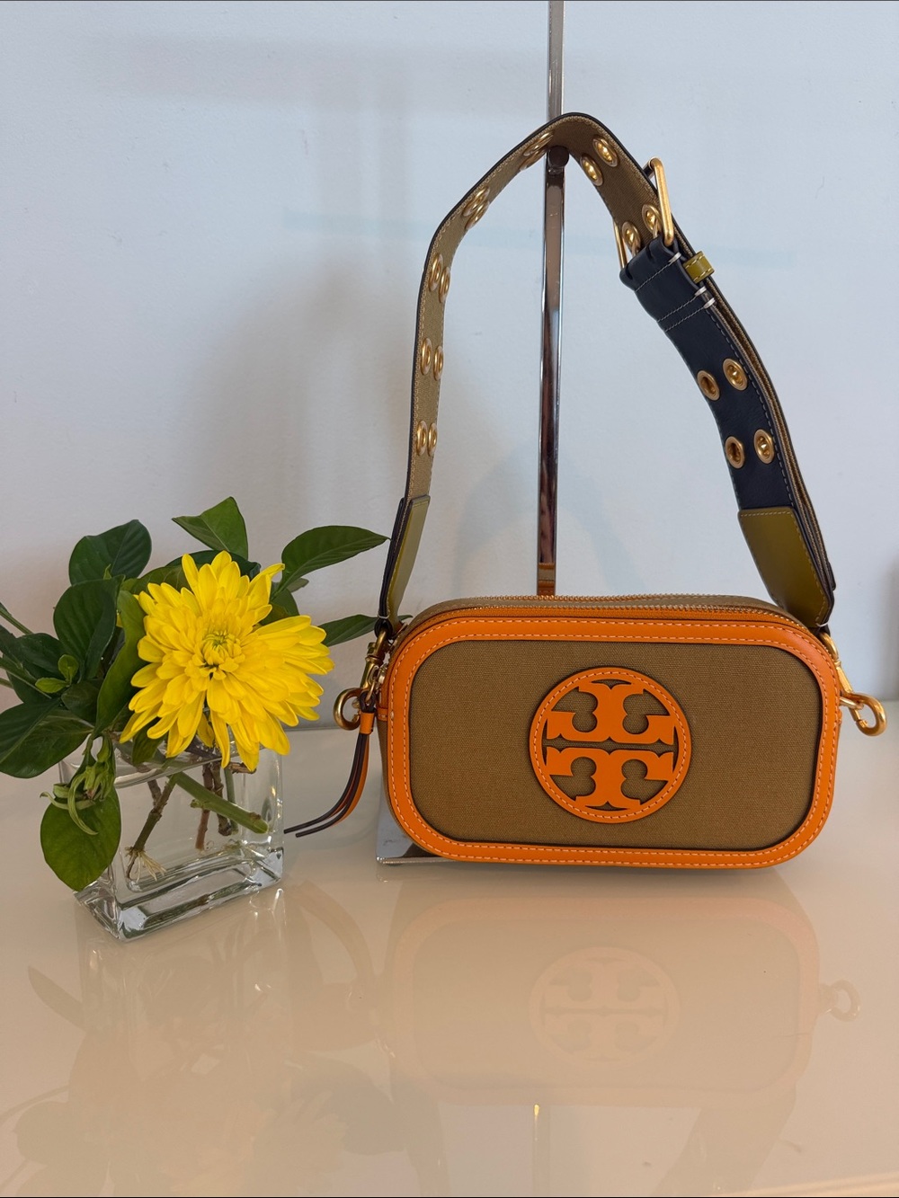 Tory Burch Mini Miller Cotton Canvas Crossbody Bag in Cumin a distinctive